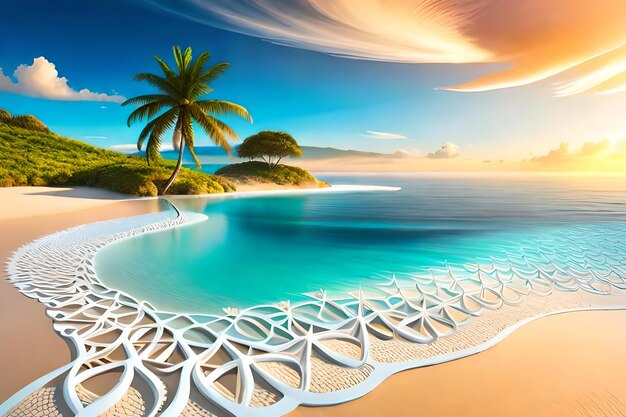 A tropical beach with a palm tree and a white bridge.