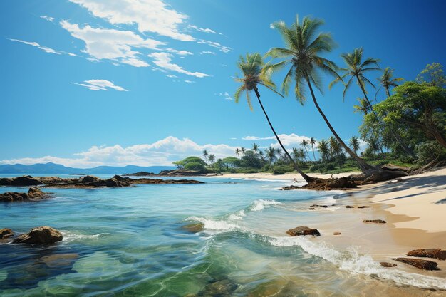 A tropical beach with palm trees and a beach scene