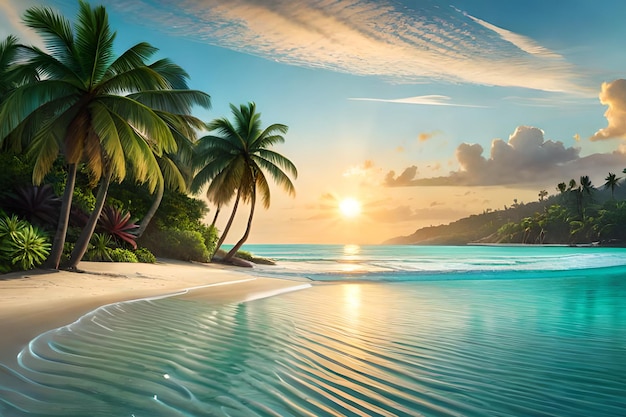 A tropical beach with palm trees on the beach