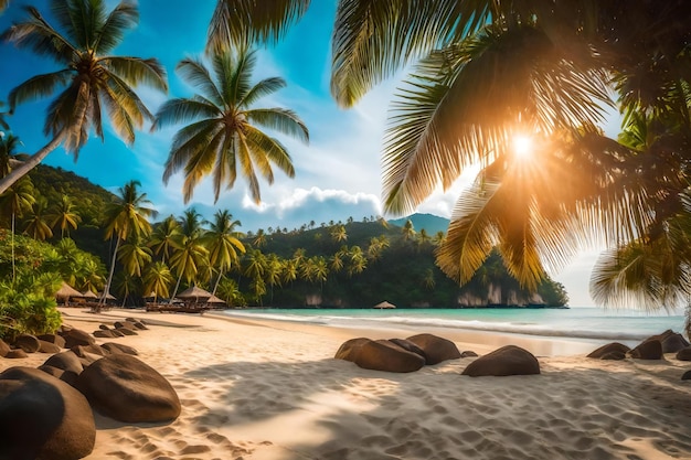 A tropical beach with palm trees and a beautiful view of the ocean.