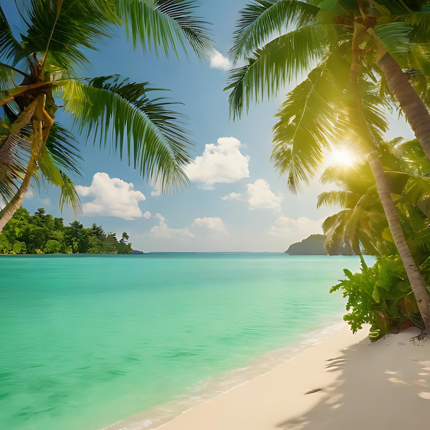 a tropical beach with palm trees and a blue sky