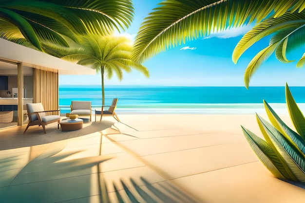 Photo a tropical beach with palm trees and a blue sky