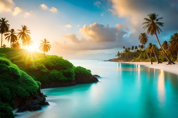 A tropical beach with palm trees and a blue sky