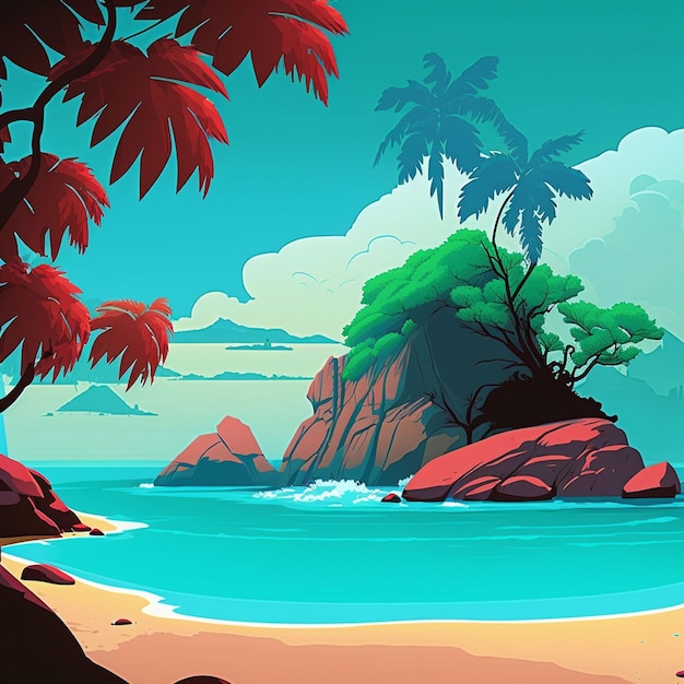 Тропический пляж с пальмами и голубым небом.