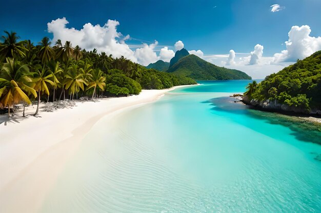 тропический пляж с пальмами и голубой водой.