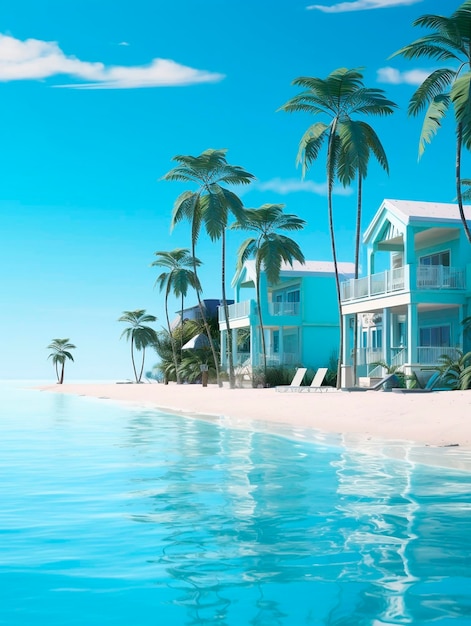 tropical beach with palm trees and bungalows 3d render