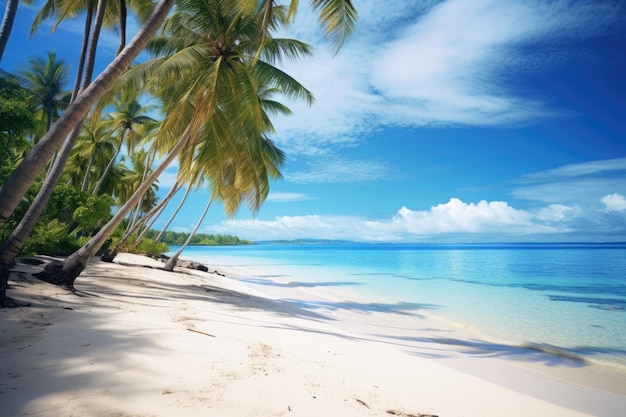 Тропический пляж с пальмами и чистой голубой водой