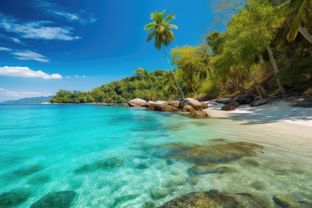 Tropical beach with palm trees and clear blue waters created with generative ai