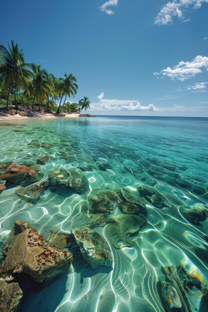 Foto spiaggia tropicale con palme e acqua limpida