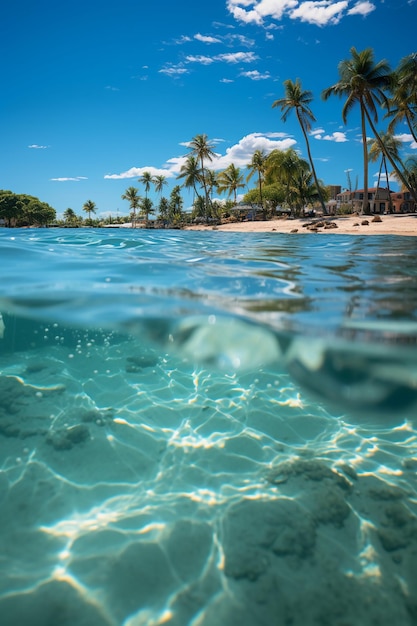 a tropical beach with palm trees and a clear water