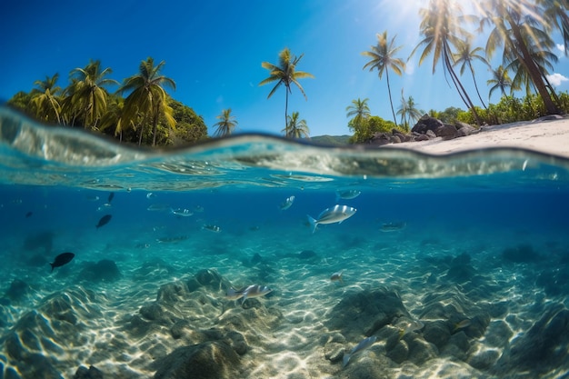 A tropical beach with palm trees and a fish swimming below