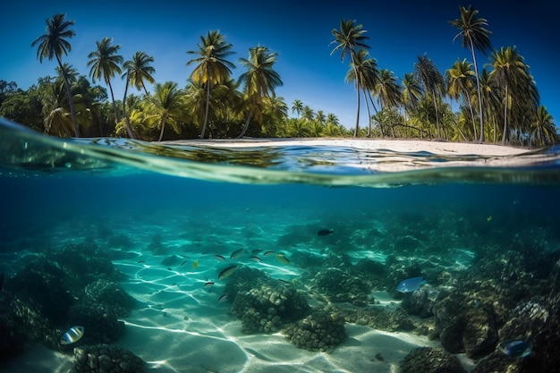 A tropical beach with palm trees and a fish swimming below