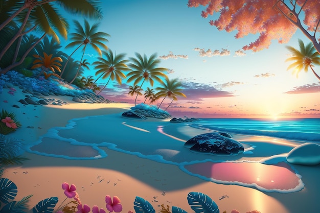 A tropical beach with palm trees and flowers.