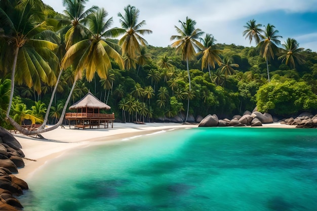 A tropical beach with palm trees and a hut on the sand