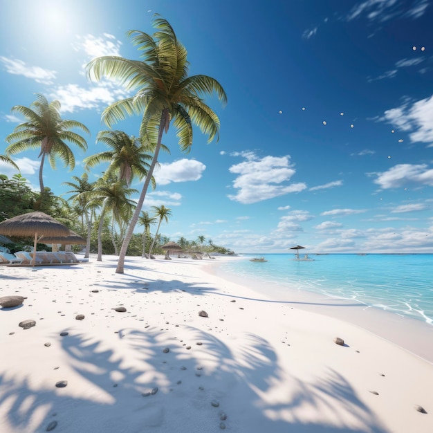 A tropical beach with palm trees and a hut