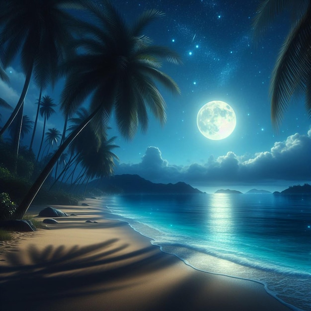 Foto una spiaggia tropicale con palme e luna nel cielo