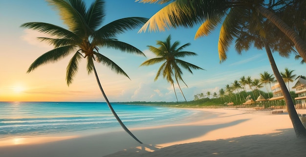 A tropical beach with palm trees under the morning sky