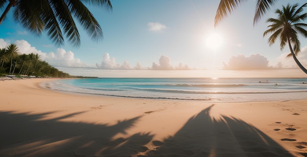 A tropical beach with palm trees under the morning sky