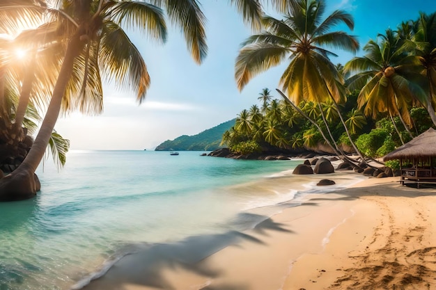 A tropical beach with palm trees and a mountain in the background