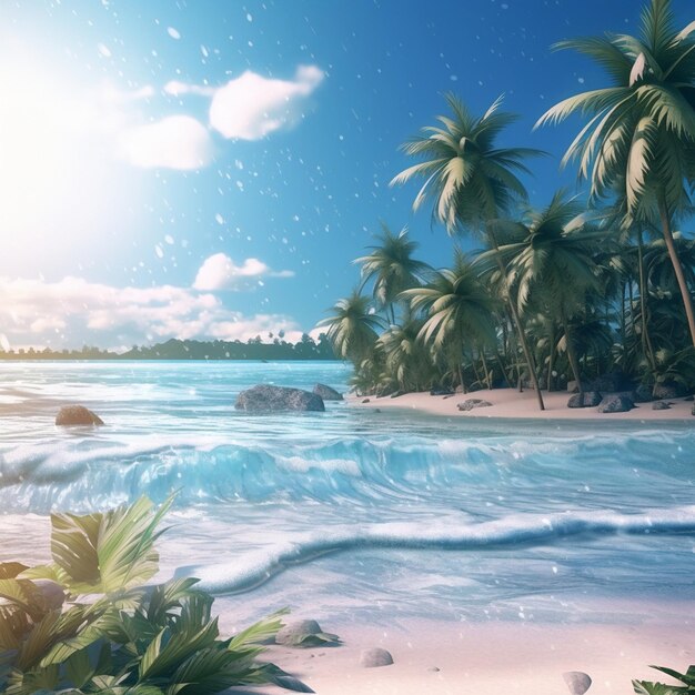 a tropical beach with palm trees and the ocean in the background.