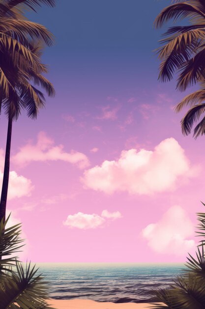 Tropical beach with palm trees and a pink sky