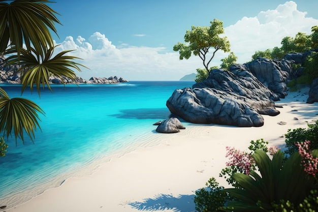 Tropical beach with palm trees and rocks
