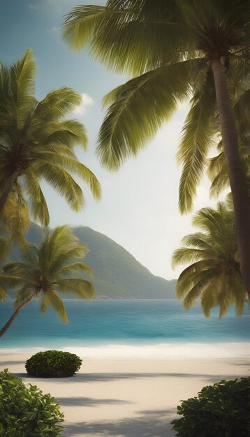 Tropical beach with palm trees and sea in the background