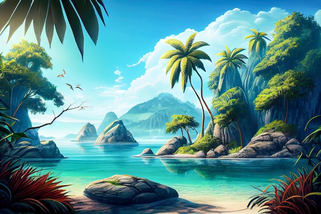 Tropical beach with palm trees Seascape Nature background Generative AI