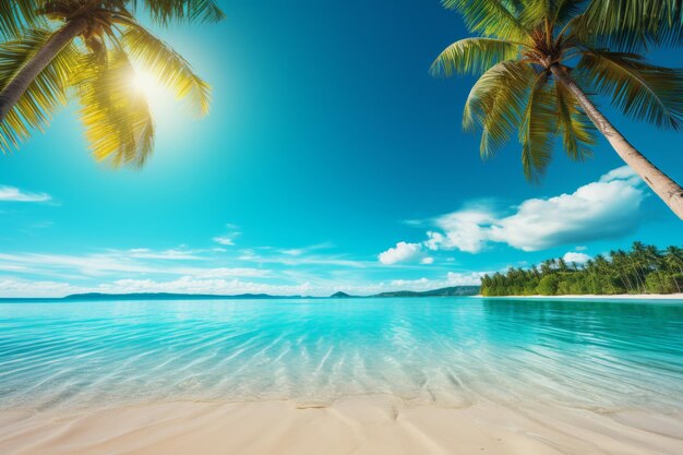 Tropical beach with palm trees and serene lagoon high quality photo for travel and relaxation