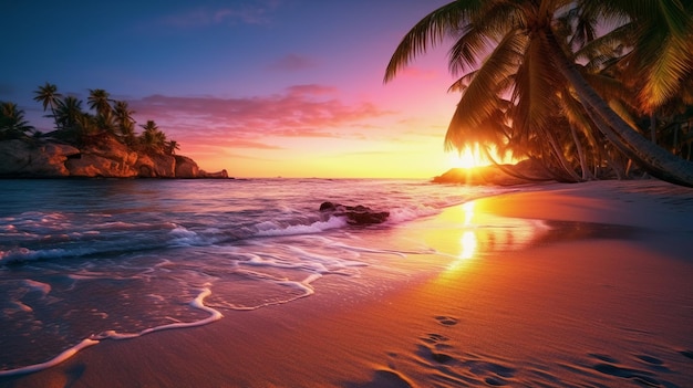 A tropical beach with palm trees and the sun setting