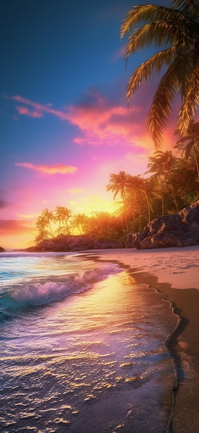 A tropical beach with palm trees and the sun setting