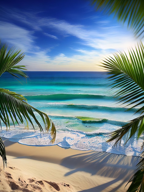 A tropical beach with palm trees and the sun shining through the palm leaves.