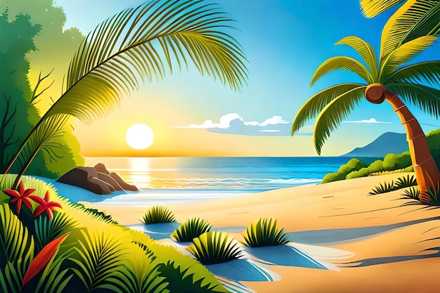 A tropical beach with palm trees and the sun