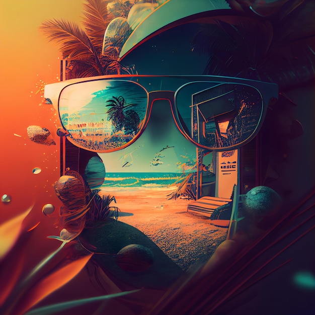 Tropical beach with palm trees and sunglasses 3d rendering