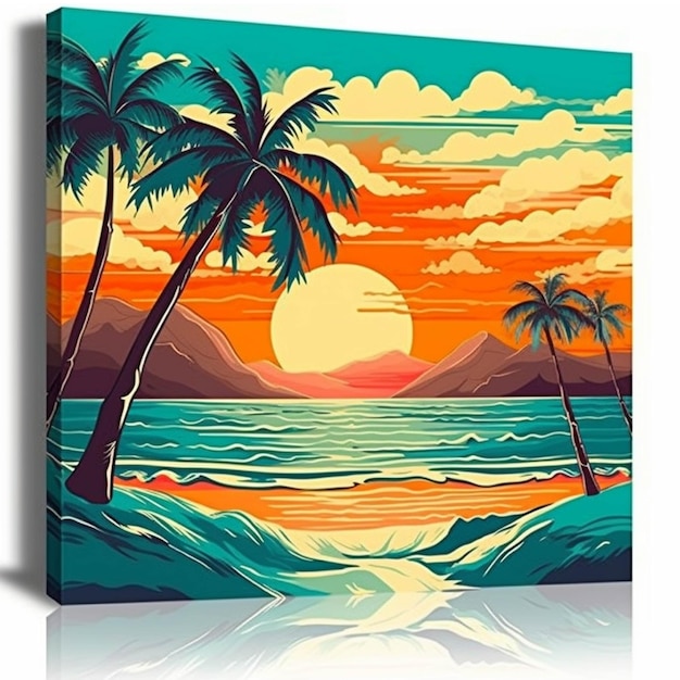 Tropical beach with palm trees and sunset Vector illustration