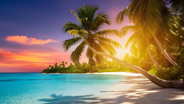 тропический пляж с пальмами и закатом солнца
