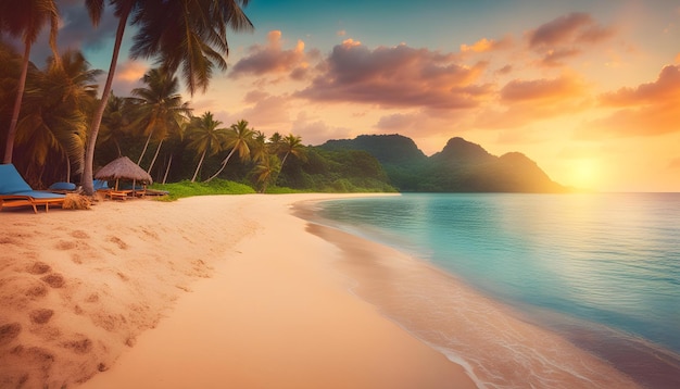 a tropical beach with palm trees and a sunset