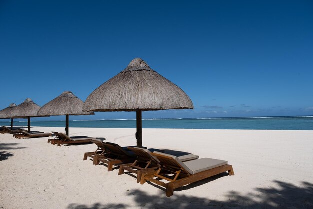 Tropical beach with palm trees and white sand blue ocean and beach beds with umbrellasun chairs and parasol under a palm tree at a tropical beac le morne beach mauritius