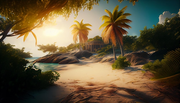 Tropical beach with pine trees at sunset generative ai