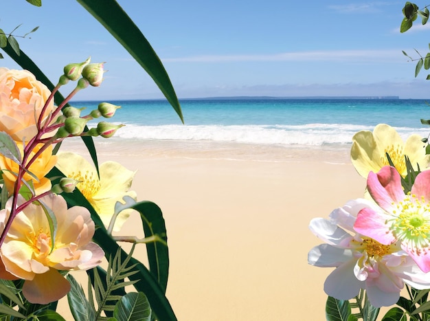 ピンクの白い花とヤシの植物の青い海と空の白い砂浜のある熱帯のビーチ