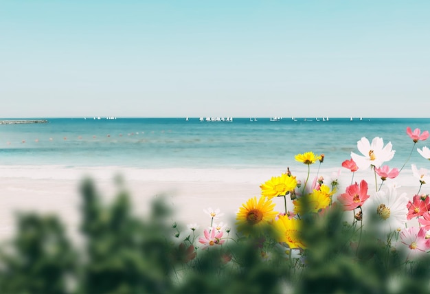 Photo tropical beach with pink white flowers abd palm plant  blue sea and sky white sand