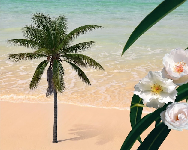 Photo tropical beach with pink white roses flowers , palm tree ,  blue sea and sky white sand  vacation