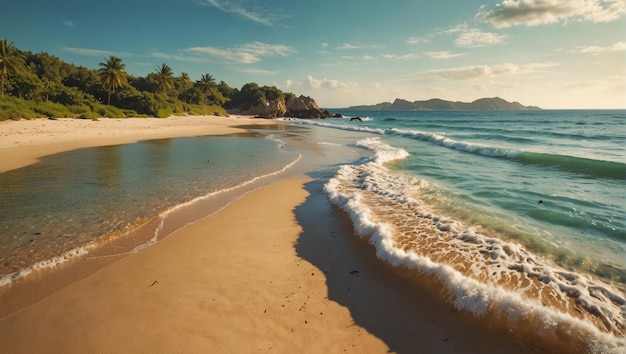 Tropical beach with sand and sea waves coming at summer background