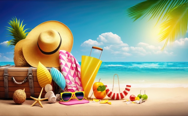 Tropical beach with sunbathing accessories summer holiday background Generative AI