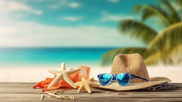 Tropical beach with sunbathing accessories summer holiday background