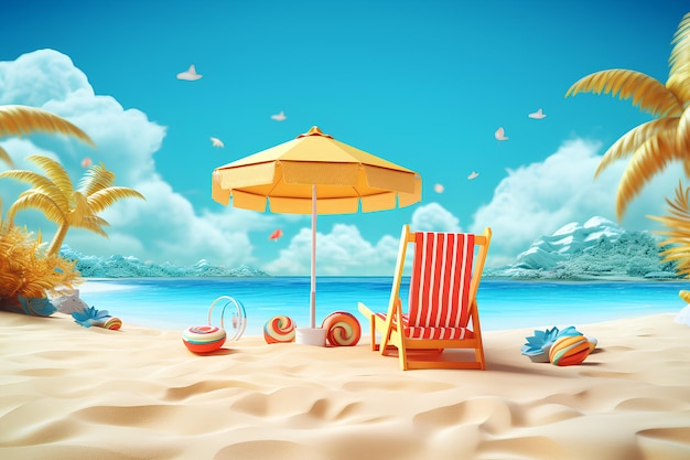 Tropical Beach with Sunbathing Accessories for Summer Vacation