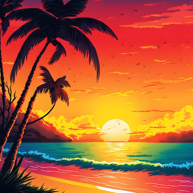 A tropical beach with a sunset and palm trees