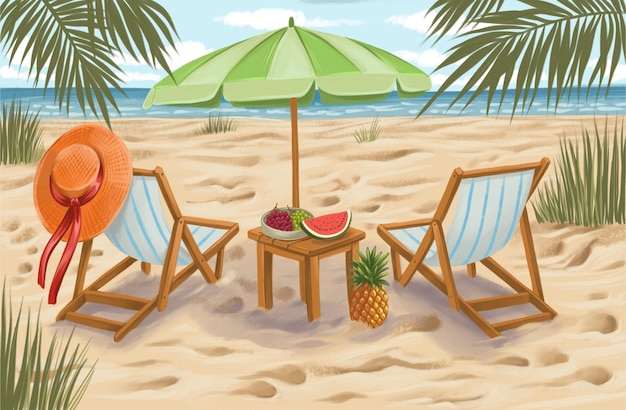 tropical beach with two sun loungers and umbrella