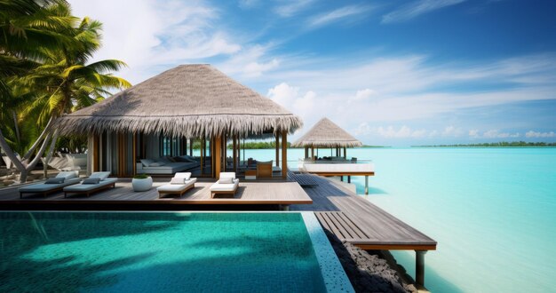 Photo tropical beach with water bungalows and palm trees 3d rendering