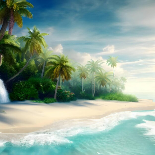 A tropical beach with a waterfall and palm trees